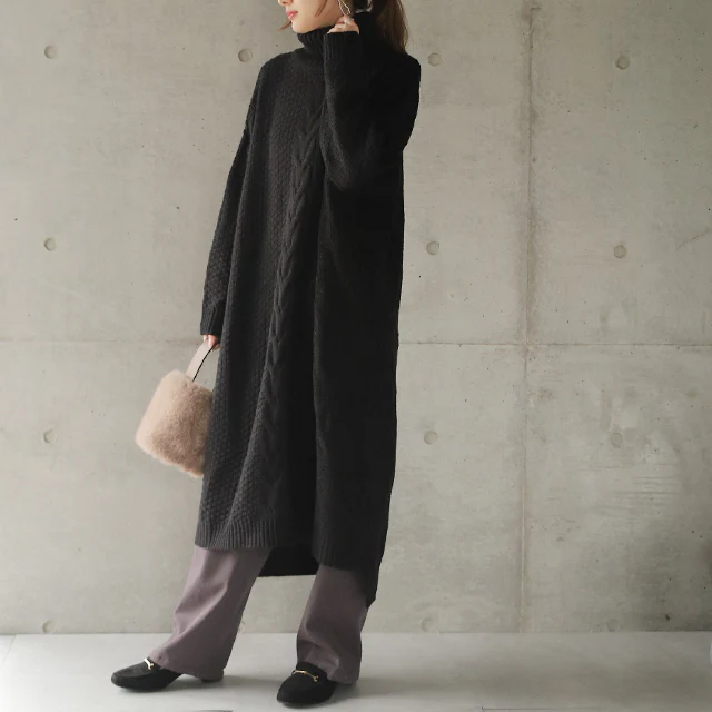 「着ぶくれしないケーブル」 ニットワンピース ニット セーター レディース ワンピース ワンピ ニット リブニット タートルニット リブ ハイネック マキシ丈 ロング ロングワンピース 長袖 タートル 春 夏 HUG.U - Image 27