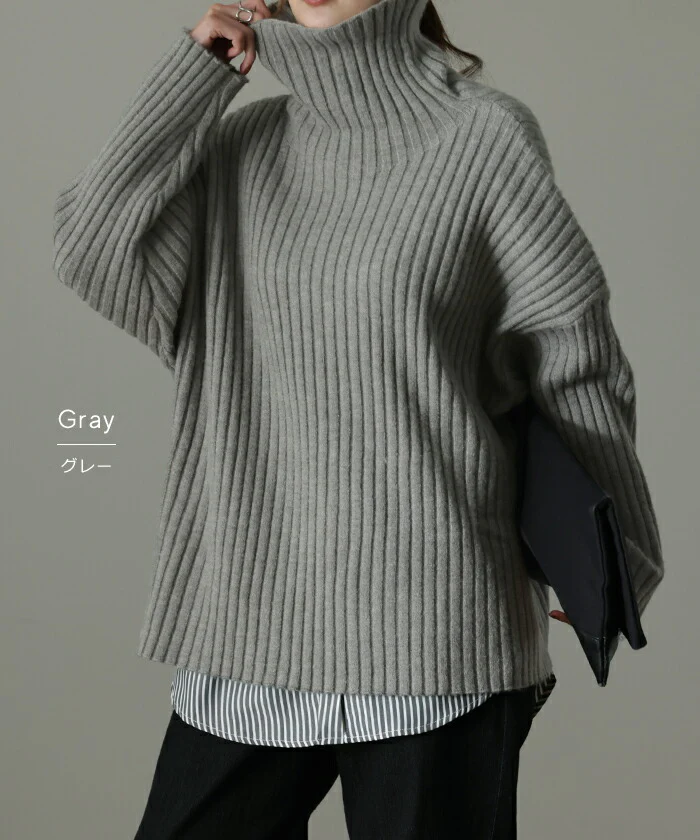 こなれた緩さの小顔ニットニット タートルネック レディース リブ リブニット セーター モヘア モヘアニット スリット トップス 長袖 ハイネック ビッグシルエット ボトルネック タートル レイヤード プルオーバー 黒 グレー ベージュ 春 夏 HUG.U - Image 11