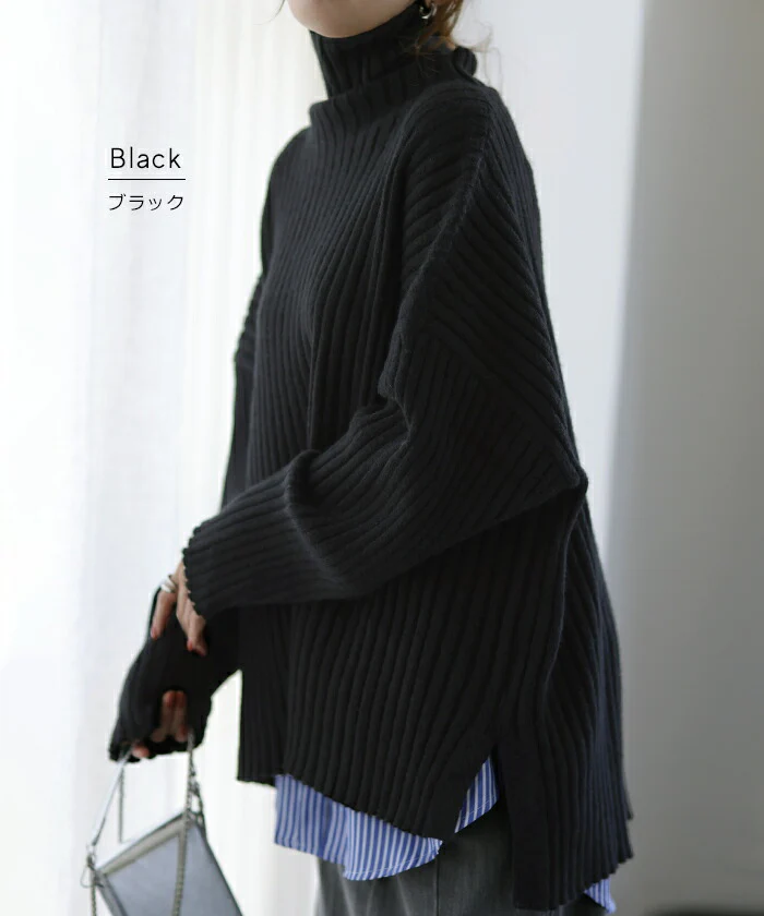 こなれた緩さの小顔ニットニット タートルネック レディース リブ リブニット セーター モヘア モヘアニット スリット トップス 長袖 ハイネック ビッグシルエット ボトルネック タートル レイヤード プルオーバー 黒 グレー ベージュ 春 夏 HUG.U - Image 18