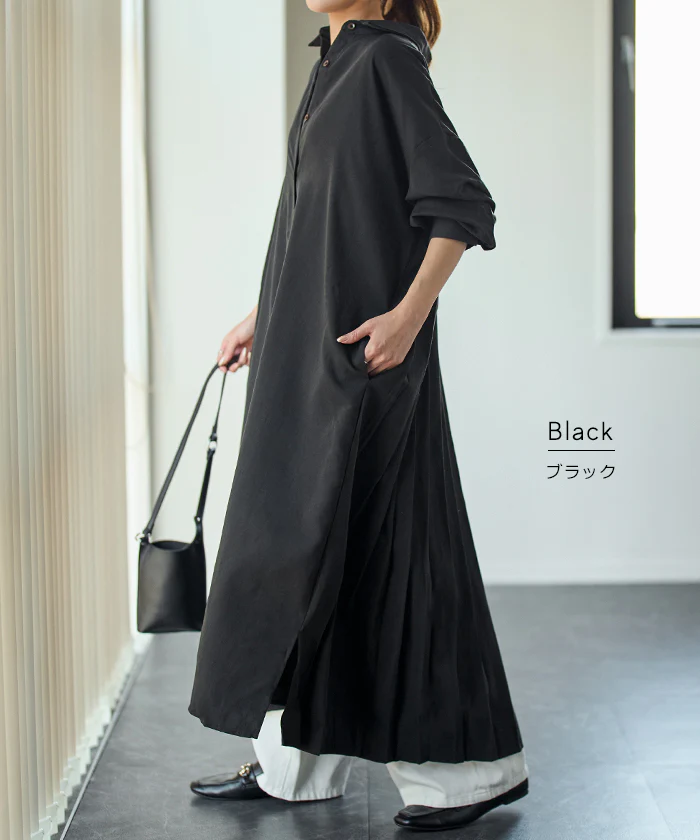 ゆれる。大人の洗練バックプリーツ ワンピース レディース ワンピ シャツワンピース ロングワンピース シャツ プリーツ バックプリーツ ロングワンピ シャツワンピ ロングシャツ マキシ 長袖 ロング 無地 大きいサイズ 黒 春 夏 HUG.U - Image 12