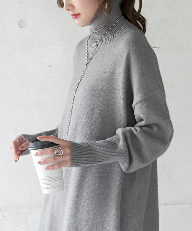 「小顔ニット×抜け感スリット」 ニットワンピース ニット ワンピース タートルネック ハイネック 長袖 ロングワンピース ロング レディース スリット リブニット きれいめ レイヤード 大きいサイズ 春 夏 HUG.U - Image 13