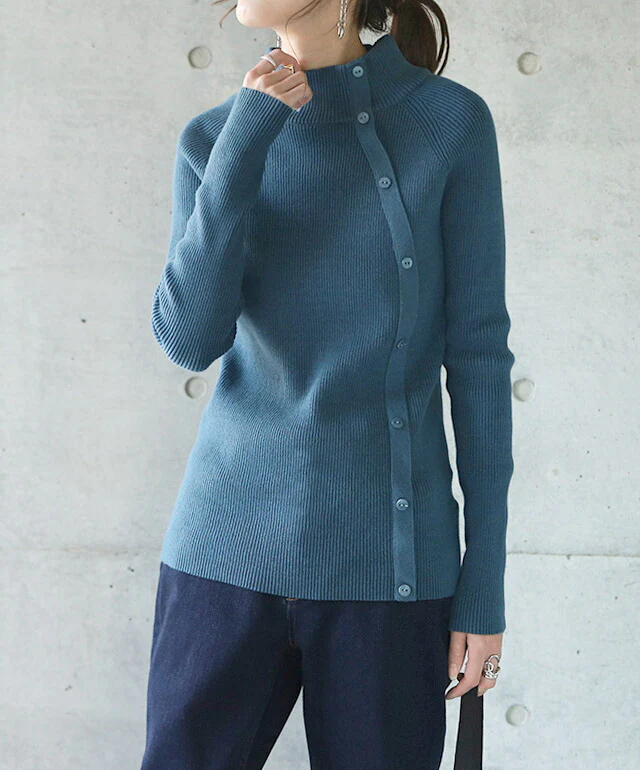 ゆるフィットすっきり合わせやすい。ボタン リブニット ニット タートルネック レディース トップス リブニット プルオーバー 細リブ セーター ハイネック 無地 ボトルネック 長袖 きれいめ タイト 綿100％ シンプル ボタン 春 夏 HUG.U - Image 13