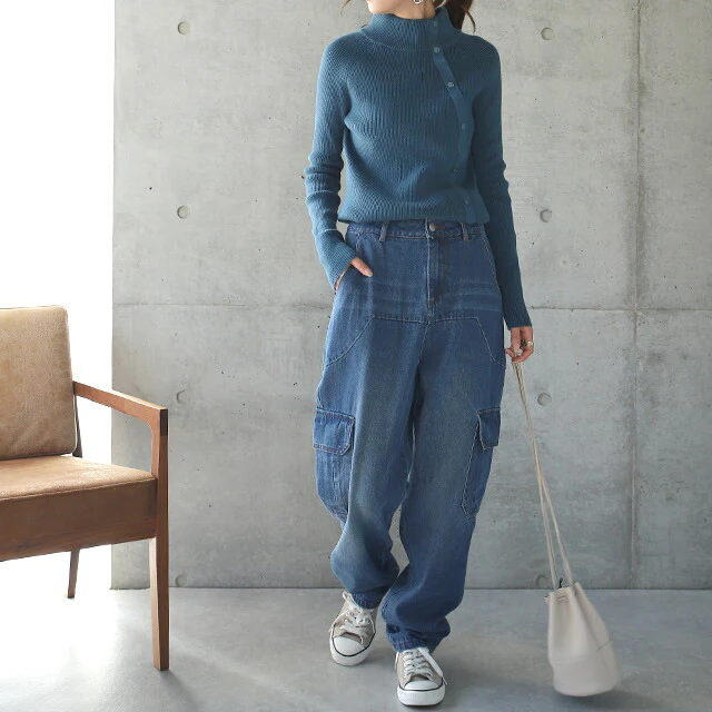 ゆるフィットすっきり合わせやすい。ボタン リブニット ニット タートルネック レディース トップス リブニット プルオーバー 細リブ セーター ハイネック 無地 ボトルネック 長袖 きれいめ タイト 綿100％ シンプル ボタン 春 夏 HUG.U - Image 15
