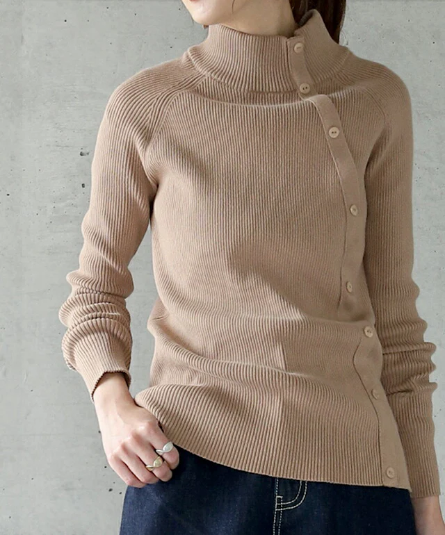 ゆるフィットすっきり合わせやすい。ボタン リブニット ニット タートルネック レディース トップス リブニット プルオーバー 細リブ セーター ハイネック 無地 ボトルネック 長袖 きれいめ タイト 綿100％ シンプル ボタン 春 夏 HUG.U - Image 3