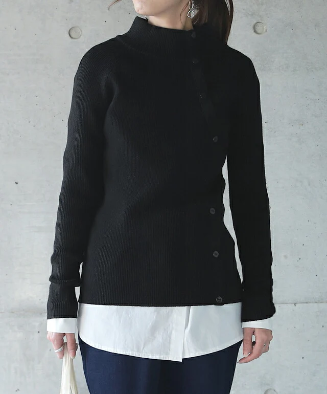 ゆるフィットすっきり合わせやすい。ボタン リブニット ニット タートルネック レディース トップス リブニット プルオーバー 細リブ セーター ハイネック 無地 ボトルネック 長袖 きれいめ タイト 綿100％ シンプル ボタン 春 夏 HUG.U - Image 5