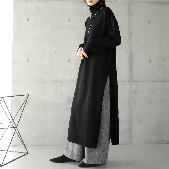 【特別価格】 細魅せニット「ワンランク上の肌ざわり」すっきりロング丈。ワンピース レディース ニット ワンピ タートルネック セーター ロングワンピース ロング ニットワンピース ニットワンピ スリット レイヤード 大きいサイズ 春 夏 黒 HUG.U - Image 19