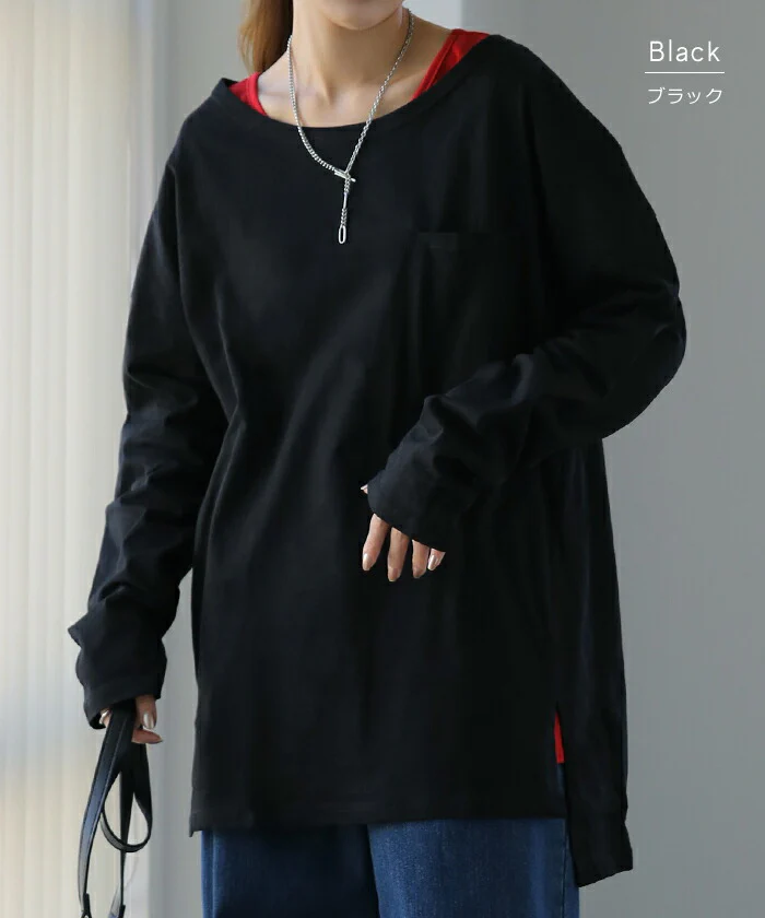 パーフェクト・シルエット絶妙丈で体型カバー トップス レディース カットソー ロンT ロングTシャツ 長袖 Tシャツ レイヤード ボックスシルエット Uネック 丸首 無地 シンプル スリット 重ね着 大きいサイズ 春 夏 HUG.U メール便 - Image 11