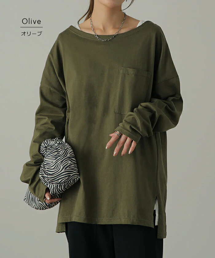 パーフェクト・シルエット絶妙丈で体型カバー トップス レディース カットソー ロンT ロングTシャツ 長袖 Tシャツ レイヤード ボックスシルエット Uネック 丸首 無地 シンプル スリット 重ね着 大きいサイズ 春 夏 HUG.U メール便 - Image 13