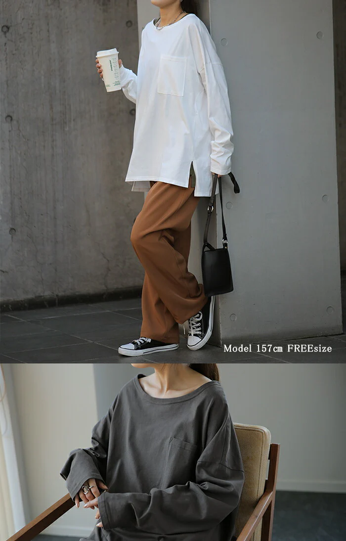 パーフェクト・シルエット絶妙丈で体型カバー トップス レディース カットソー ロンT ロングTシャツ 長袖 Tシャツ レイヤード ボックスシルエット Uネック 丸首 無地 シンプル スリット 重ね着 大きいサイズ 春 夏 HUG.U メール便 - Image 16