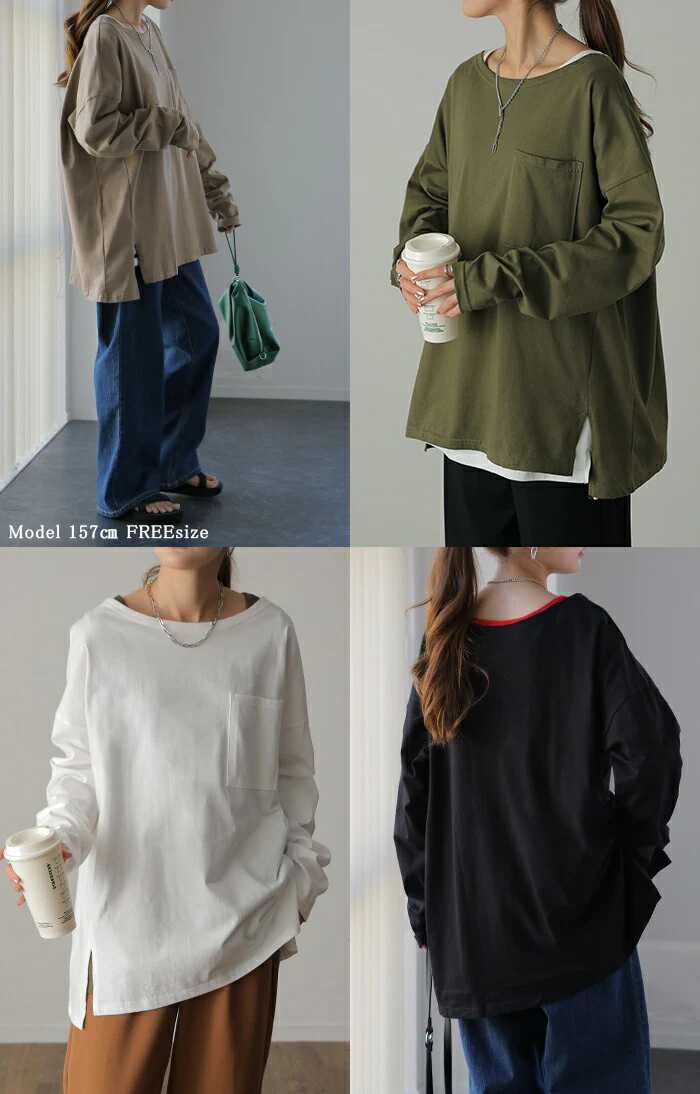 パーフェクト・シルエット絶妙丈で体型カバー トップス レディース カットソー ロンT ロングTシャツ 長袖 Tシャツ レイヤード ボックスシルエット Uネック 丸首 無地 シンプル スリット 重ね着 大きいサイズ 春 夏 HUG.U メール便 - Image 24