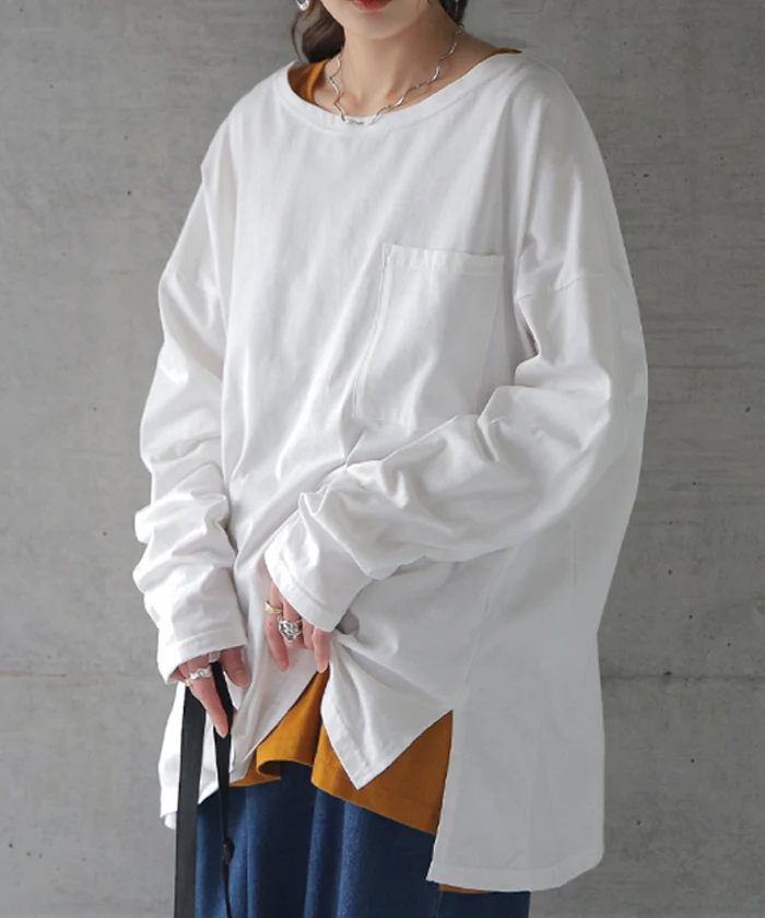 パーフェクト・シルエット絶妙丈で体型カバー トップス レディース カットソー ロンT ロングTシャツ 長袖 Tシャツ レイヤード ボックスシルエット Uネック 丸首 無地 シンプル スリット 重ね着 大きいサイズ 春 夏 HUG.U メール便 - Image 27