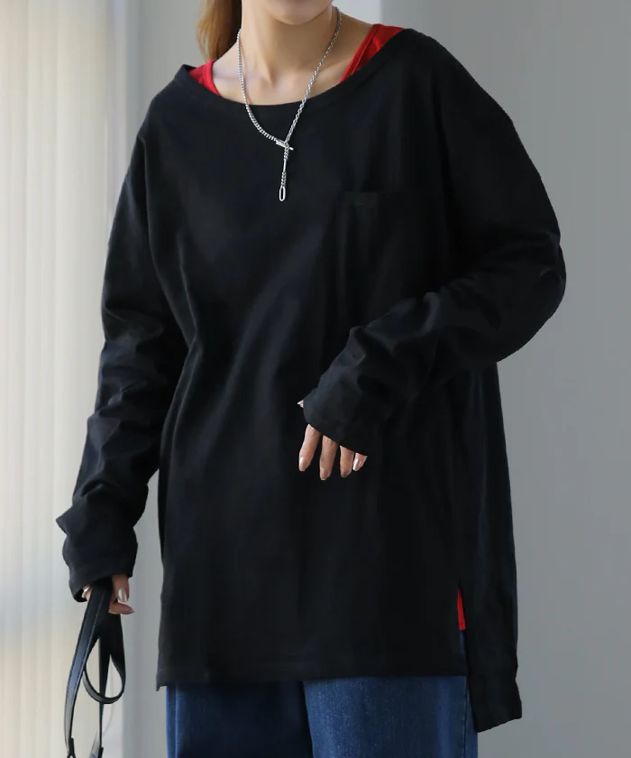 パーフェクト・シルエット絶妙丈で体型カバー トップス レディース カットソー ロンT ロングTシャツ 長袖 Tシャツ レイヤード ボックスシルエット Uネック 丸首 無地 シンプル スリット 重ね着 大きいサイズ 春 夏 HUG.U メール便 - Image 28