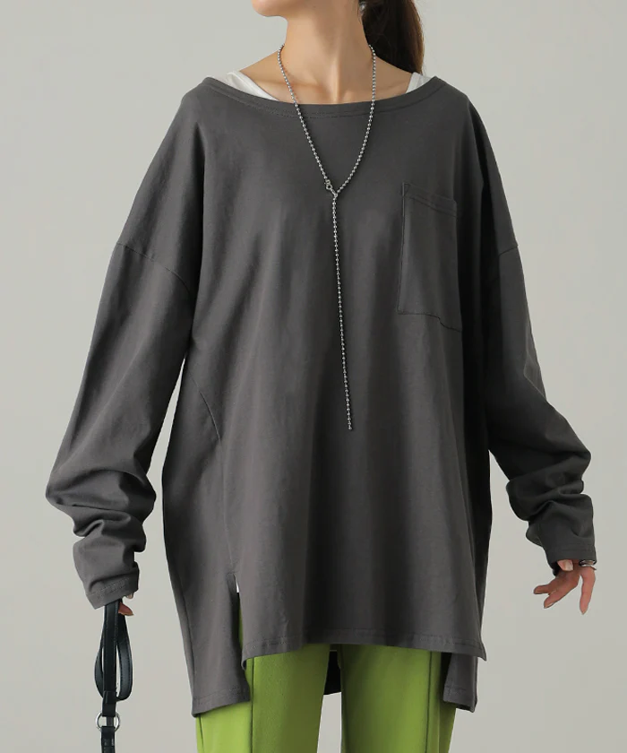 パーフェクト・シルエット絶妙丈で体型カバー トップス レディース カットソー ロンT ロングTシャツ 長袖 Tシャツ レイヤード ボックスシルエット Uネック 丸首 無地 シンプル スリット 重ね着 大きいサイズ 春 夏 HUG.U メール便 - Image 30