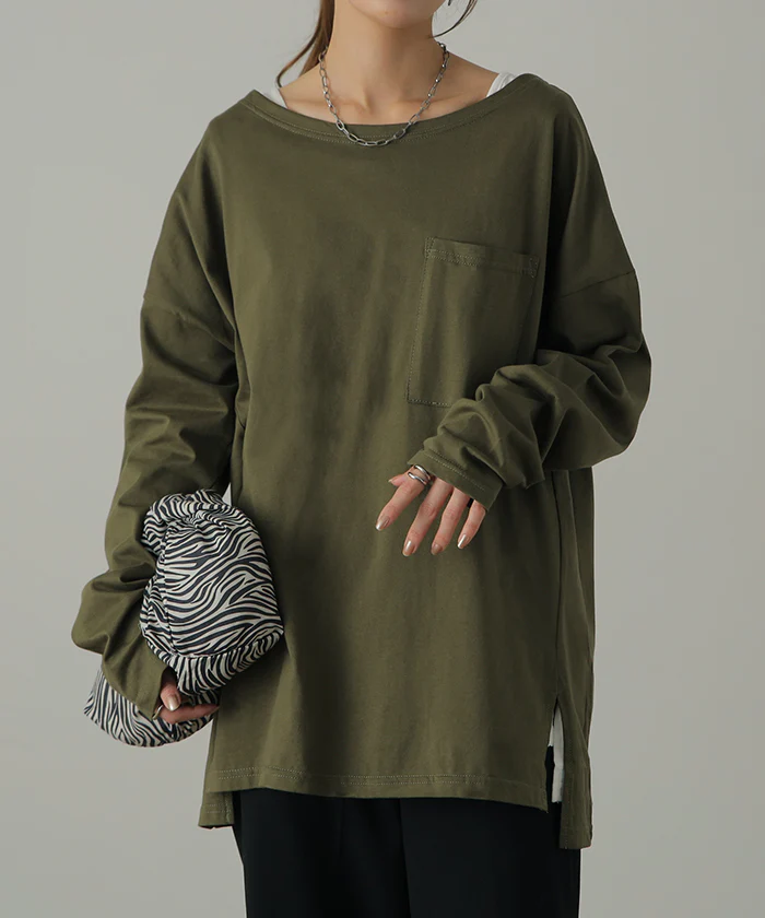 パーフェクト・シルエット絶妙丈で体型カバー トップス レディース カットソー ロンT ロングTシャツ 長袖 Tシャツ レイヤード ボックスシルエット Uネック 丸首 無地 シンプル スリット 重ね着 大きいサイズ 春 夏 HUG.U メール便 - Image 31
