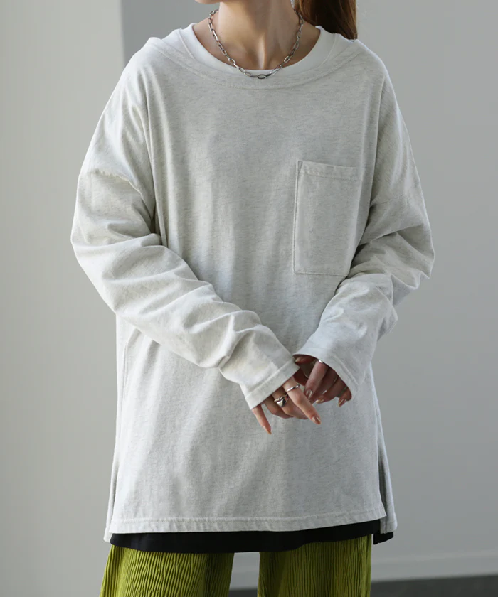 パーフェクト・シルエット絶妙丈で体型カバー トップス レディース カットソー ロンT ロングTシャツ 長袖 Tシャツ レイヤード ボックスシルエット Uネック 丸首 無地 シンプル スリット 重ね着 大きいサイズ 春 夏 HUG.U メール便 - Image 32