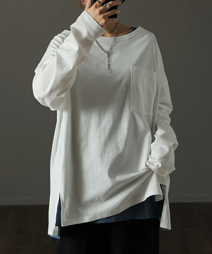 パーフェクト・シルエット絶妙丈で体型カバー トップス レディース カットソー ロンT ロングTシャツ 長袖 Tシャツ レイヤード ボックスシルエット Uネック 丸首 無地 シンプル スリット 重ね着 大きいサイズ 春 夏 HUG.U メール便 - Image 5