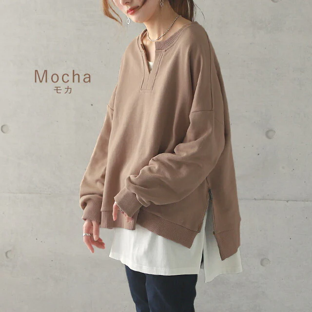 キーネック 痩せ スリット レイヤード キーネック ■一部7月中旬入荷 サイドジップ トップス レディース スウェット スエット トレーナー 大きいサイズ 無地 レイヤード ルームウェア ドロップショルダー オーバーサイズ プルオーバー ビッグ 長袖 黒 春 夏 HUG.U - Image 11