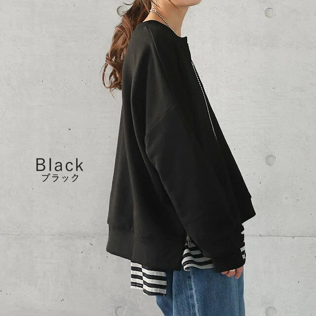 キーネック 痩せ スリット レイヤード キーネック ■一部7月中旬入荷 サイドジップ トップス レディース スウェット スエット トレーナー 大きいサイズ 無地 レイヤード ルームウェア ドロップショルダー オーバーサイズ プルオーバー ビッグ 長袖 黒 春 夏 HUG.U - Image 12