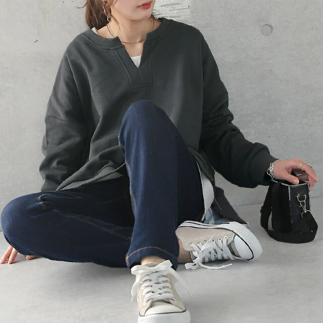 キーネック 痩せ スリット レイヤード キーネック ■一部7月中旬入荷 サイドジップ トップス レディース スウェット スエット トレーナー 大きいサイズ 無地 レイヤード ルームウェア ドロップショルダー オーバーサイズ プルオーバー ビッグ 長袖 黒 春 夏 HUG.U - Image 19