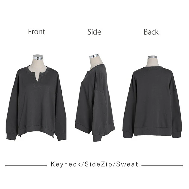キーネック 痩せ スリット レイヤード キーネック ■一部7月中旬入荷 サイドジップ トップス レディース スウェット スエット トレーナー 大きいサイズ 無地 レイヤード ルームウェア ドロップショルダー オーバーサイズ プルオーバー ビッグ 長袖 黒 春 夏 HUG.U - Image 22