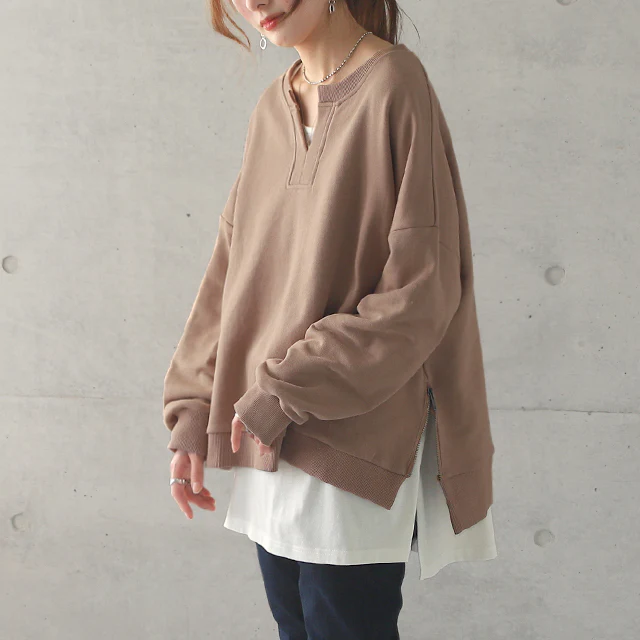 キーネック 痩せ スリット レイヤード キーネック ■一部7月中旬入荷 サイドジップ トップス レディース スウェット スエット トレーナー 大きいサイズ 無地 レイヤード ルームウェア ドロップショルダー オーバーサイズ プルオーバー ビッグ 長袖 黒 春 夏 HUG.U - Image 26