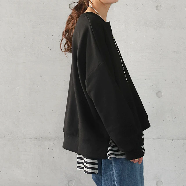 キーネック 痩せ スリット レイヤード キーネック ■一部7月中旬入荷 サイドジップ トップス レディース スウェット スエット トレーナー 大きいサイズ 無地 レイヤード ルームウェア ドロップショルダー オーバーサイズ プルオーバー ビッグ 長袖 黒 春 夏 HUG.U - Image 28