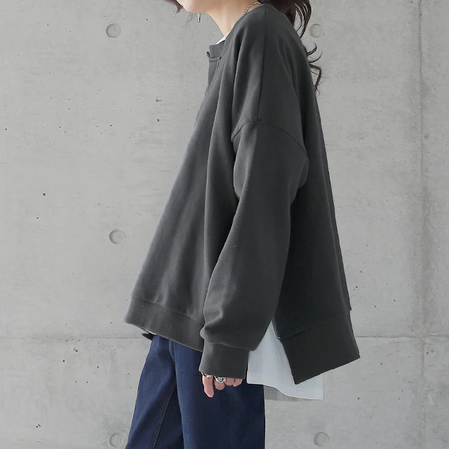 キーネック 痩せ スリット レイヤード キーネック ■一部7月中旬入荷 サイドジップ トップス レディース スウェット スエット トレーナー 大きいサイズ 無地 レイヤード ルームウェア ドロップショルダー オーバーサイズ プルオーバー ビッグ 長袖 黒 春 夏 HUG.U - Image 29