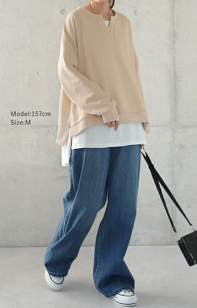 キーネック 痩せ スリット レイヤード キーネック ■一部7月中旬入荷 サイドジップ トップス レディース スウェット スエット トレーナー 大きいサイズ 無地 レイヤード ルームウェア ドロップショルダー オーバーサイズ プルオーバー ビッグ 長袖 黒 春 夏 HUG.U - Image 7