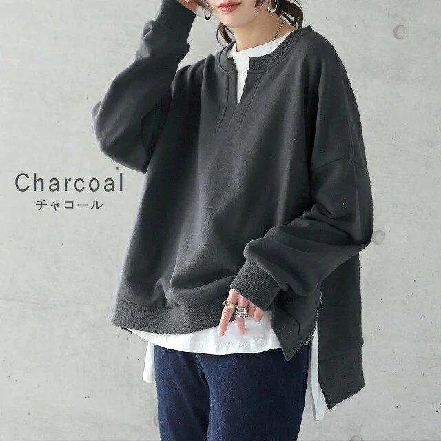キーネック 痩せ スリット レイヤード キーネック ■一部7月中旬入荷 サイドジップ トップス レディース スウェット スエット トレーナー 大きいサイズ 無地 レイヤード ルームウェア ドロップショルダー オーバーサイズ プルオーバー ビッグ 長袖 黒 春 夏 HUG.U - Image 9