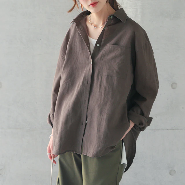 プレミアムな「抜け感」醸し出す。 シャツ リネンシャツ 麻 トップス ドロップショルダー 大きいサイズ ロング ロングシャツ ブラウス チュニック きれいめ ベージュ 春 夏 HUG.U メール便 - Image 28