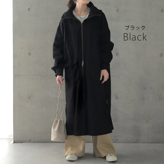 【特別価格】 ★江口のりこさん着用 「小顔襟」すっぽりオーバーシルエット アウター ミリタリー レディース ロングコート モッズコート ロング 大きいサイズ ミリタリーコート ハイネック フード コート 体型カバー ジップアップ ライトアウター 黒 春 夏 HUG.U - Image 14