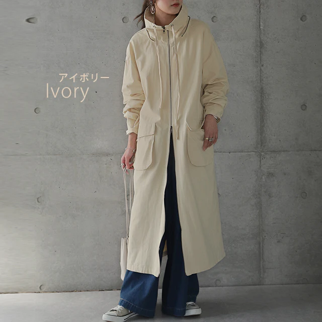 【特別価格】 ★江口のりこさん着用 「小顔襟」すっぽりオーバーシルエット アウター ミリタリー レディース ロングコート モッズコート ロング 大きいサイズ ミリタリーコート ハイネック フード コート 体型カバー ジップアップ ライトアウター 黒 春 夏 HUG.U - Image 15