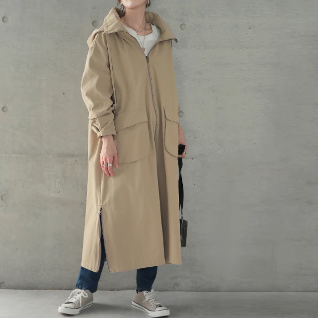 【特別価格】 ★江口のりこさん着用 「小顔襟」すっぽりオーバーシルエット アウター ミリタリー レディース ロングコート モッズコート ロング 大きいサイズ ミリタリーコート ハイネック フード コート 体型カバー ジップアップ ライトアウター 黒 春 夏 HUG.U - Image 26