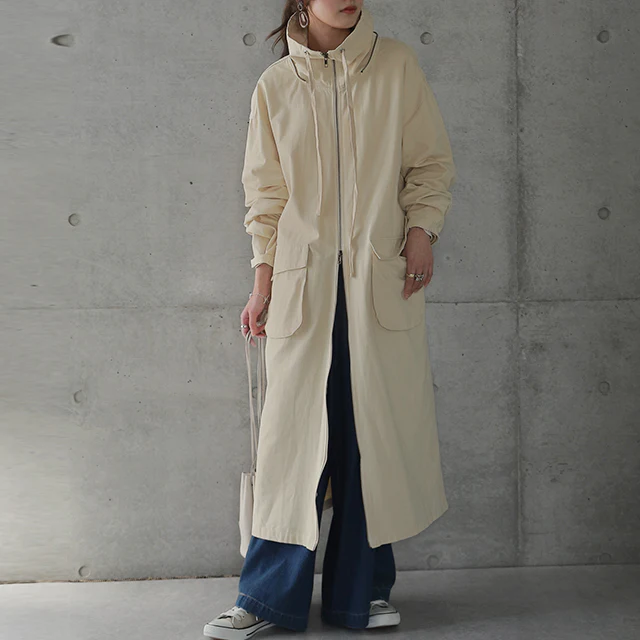 【特別価格】 ★江口のりこさん着用 「小顔襟」すっぽりオーバーシルエット アウター ミリタリー レディース ロングコート モッズコート ロング 大きいサイズ ミリタリーコート ハイネック フード コート 体型カバー ジップアップ ライトアウター 黒 春 夏 HUG.U - Image 28