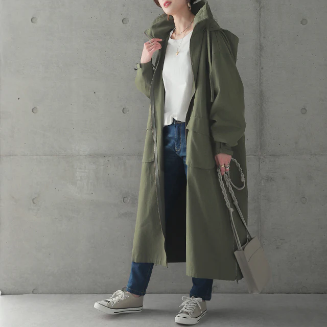 【特別価格】 ★江口のりこさん着用 「小顔襟」すっぽりオーバーシルエット アウター ミリタリー レディース ロングコート モッズコート ロング 大きいサイズ ミリタリーコート ハイネック フード コート 体型カバー ジップアップ ライトアウター 黒 春 夏 HUG.U - Image 29