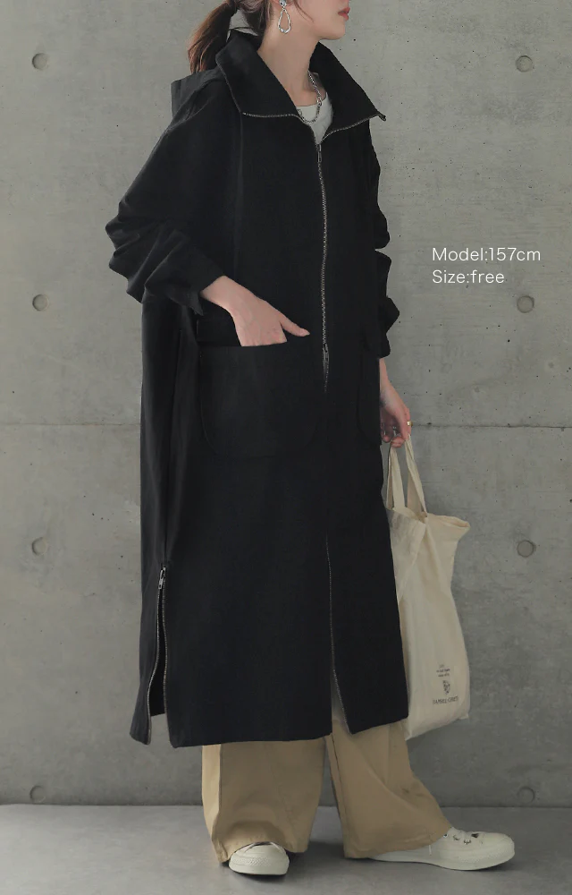 【特別価格】 ★江口のりこさん着用 「小顔襟」すっぽりオーバーシルエット アウター ミリタリー レディース ロングコート モッズコート ロング 大きいサイズ ミリタリーコート ハイネック フード コート 体型カバー ジップアップ ライトアウター 黒 春 夏 HUG.U - Image 3