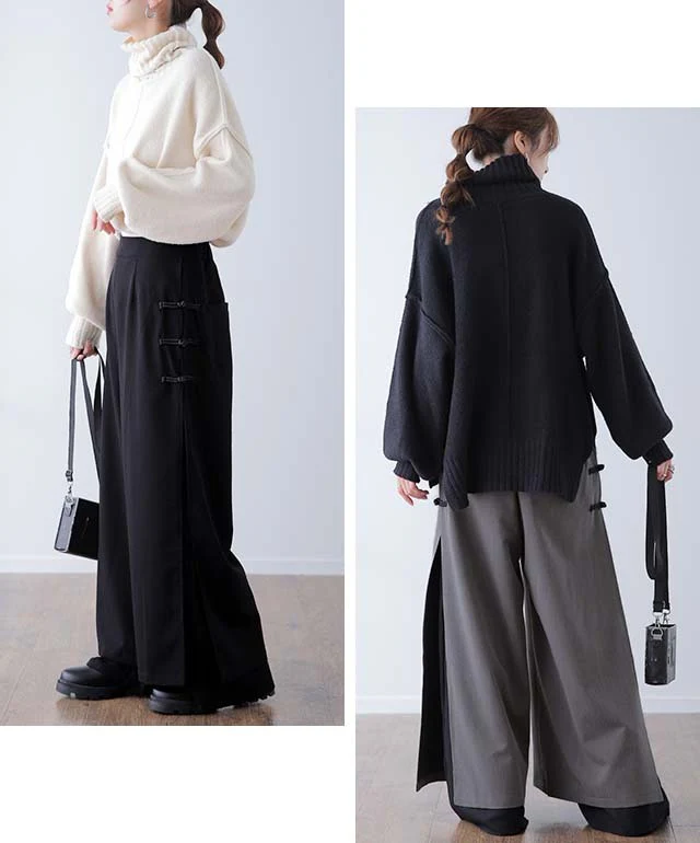 「「チャイナボタン×シフォン」ふわり舞う。拘りデザイン。 パンツ レディース チャイナパンツ ワイド ワイドパンツ スリット レイヤード ボトムス フレア きれいめ チャイナボタン ロング ストレートパンツ ベージュ 黒 春 夏 HUG.U - Image 14