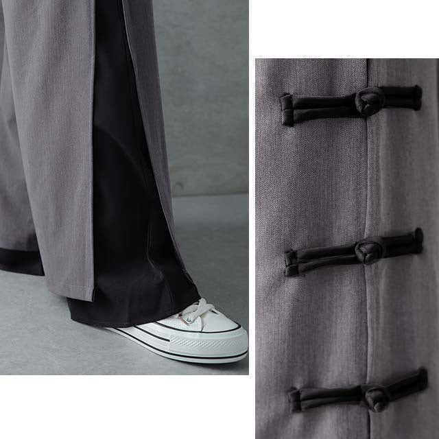 「「チャイナボタン×シフォン」ふわり舞う。拘りデザイン。 パンツ レディース チャイナパンツ ワイド ワイドパンツ スリット レイヤード ボトムス フレア きれいめ チャイナボタン ロング ストレートパンツ ベージュ 黒 春 夏 HUG.U - Image 18