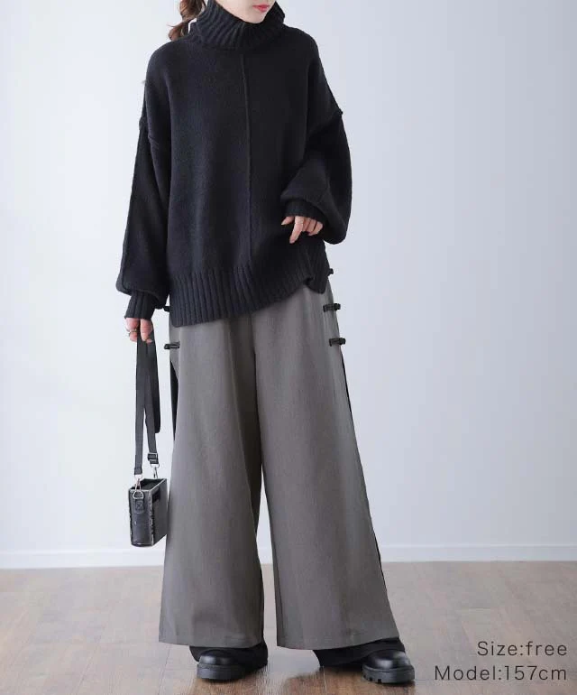 「「チャイナボタン×シフォン」ふわり舞う。拘りデザイン。 パンツ レディース チャイナパンツ ワイド ワイドパンツ スリット レイヤード ボトムス フレア きれいめ チャイナボタン ロング ストレートパンツ ベージュ 黒 春 夏 HUG.U - Image 19