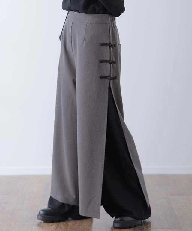 「「チャイナボタン×シフォン」ふわり舞う。拘りデザイン。 パンツ レディース チャイナパンツ ワイド ワイドパンツ スリット レイヤード ボトムス フレア きれいめ チャイナボタン ロング ストレートパンツ ベージュ 黒 春 夏 HUG.U - Image 22