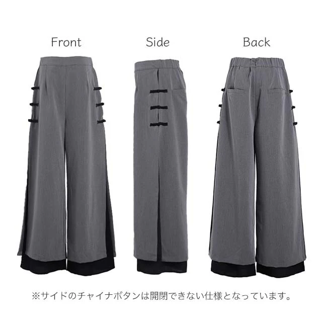 「「チャイナボタン×シフォン」ふわり舞う。拘りデザイン。 パンツ レディース チャイナパンツ ワイド ワイドパンツ スリット レイヤード ボトムス フレア きれいめ チャイナボタン ロング ストレートパンツ ベージュ 黒 春 夏 HUG.U - Image 23