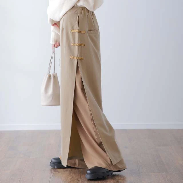 「「チャイナボタン×シフォン」ふわり舞う。拘りデザイン。 パンツ レディース チャイナパンツ ワイド ワイドパンツ スリット レイヤード ボトムス フレア きれいめ チャイナボタン ロング ストレートパンツ ベージュ 黒 春 夏 HUG.U - Image 30