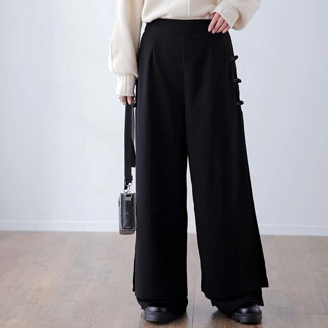 「「チャイナボタン×シフォン」ふわり舞う。拘りデザイン。 パンツ レディース チャイナパンツ ワイド ワイドパンツ スリット レイヤード ボトムス フレア きれいめ チャイナボタン ロング ストレートパンツ ベージュ 黒 春 夏 HUG.U - Image 31