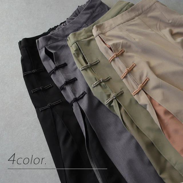 「「チャイナボタン×シフォン」ふわり舞う。拘りデザイン。 パンツ レディース チャイナパンツ ワイド ワイドパンツ スリット レイヤード ボトムス フレア きれいめ チャイナボタン ロング ストレートパンツ ベージュ 黒 春 夏 HUG.U - Image 7