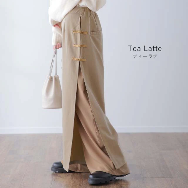 「「チャイナボタン×シフォン」ふわり舞う。拘りデザイン。 パンツ レディース チャイナパンツ ワイド ワイドパンツ スリット レイヤード ボトムス フレア きれいめ チャイナボタン ロング ストレートパンツ ベージュ 黒 春 夏 HUG.U - Image 8