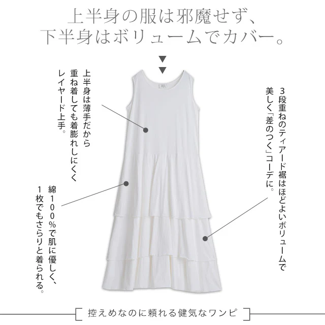 【夏セール】 「重ねるワンピ」コーデの幅が広がる 3段ティアード ワンピース ロングワンピース ロングワンピ ペチコート ペチワンピ ワンピ ロング レディース マキシ 体型カバー レイヤード 重ね着 ティアード ノースリーブ 無地 シンプル 白 黒 春 夏 HUG.U - Image 6