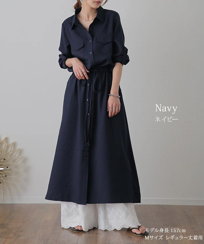 ワンピース 「理想の着痩せ」まくり袖で二の腕カバー ロングワンピース シャツ ブラウス ワンピ ■一部7月上旬入荷 シャツワンピ ロング マキシ マキシワンピース レディース 長袖 羽織 大きいサイズ 黒 ベージュ きれいめ 春 夏 HUG.U - Image 21