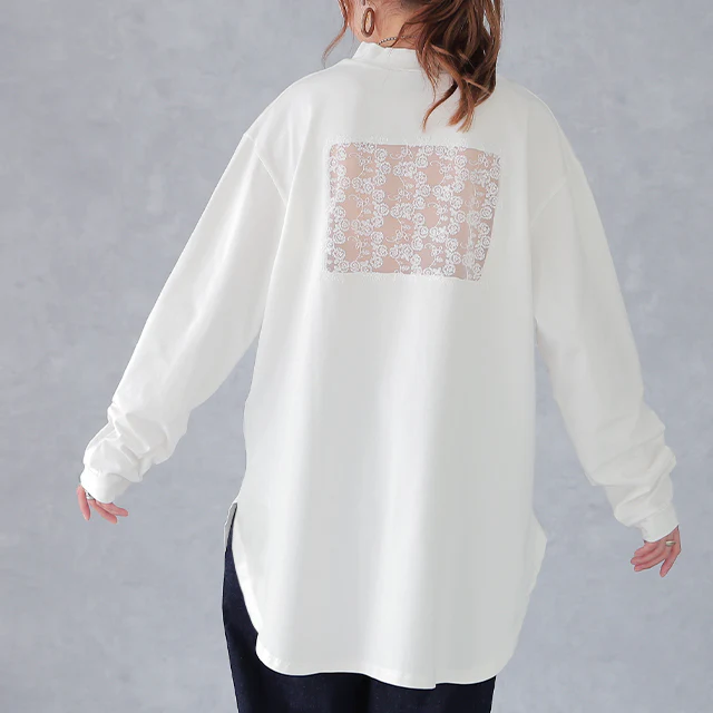 【最終SALE!】アウトレット 一目惚れ。 透けるバックレース×モックネックTシャツ トップス レディース カットソー ロンT ロングTシャツ 長袖 ロング チュニック ハイネック ラウンド Uネック レイヤード 無地 レース 花柄 シアー 体型カバー 黒 白 春 夏 HUG.U メール便 - Image 10
