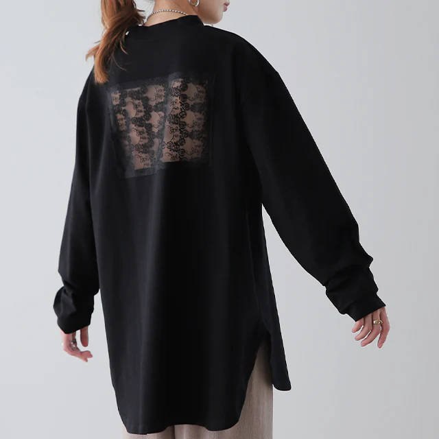 【最終SALE!】アウトレット 一目惚れ。 透けるバックレース×モックネックTシャツ トップス レディース カットソー ロンT ロングTシャツ 長袖 ロング チュニック ハイネック ラウンド Uネック レイヤード 無地 レース 花柄 シアー 体型カバー 黒 白 春 夏 HUG.U メール便 - Image 11