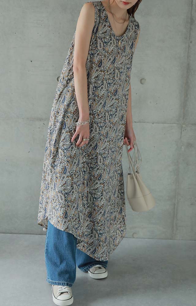 【夏セール】 「アシメ×ペイズリー柄 ワンピース ■一部7月上旬入荷 ロングワンピース レディース ワンピ ロングワンピ マキシ マキシワンピース タンク タンクトップ ノースリーブ ペイズリー 柄 体型カバー 大きいサイズ 春 夏 HUG.U メール便 - Image 11